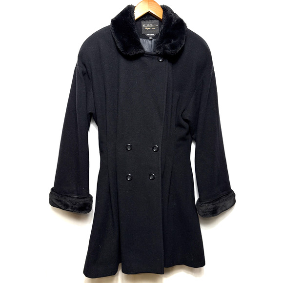 Vintage Woman's Black Wool Coat Faux Fur Trim Size M Classic Preppy Winter Style - Picture 1 of 11